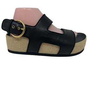 NEOUS Chunky Platform Sandals Black Leather Gold Buckle Boho Raffia EU 40 US 10